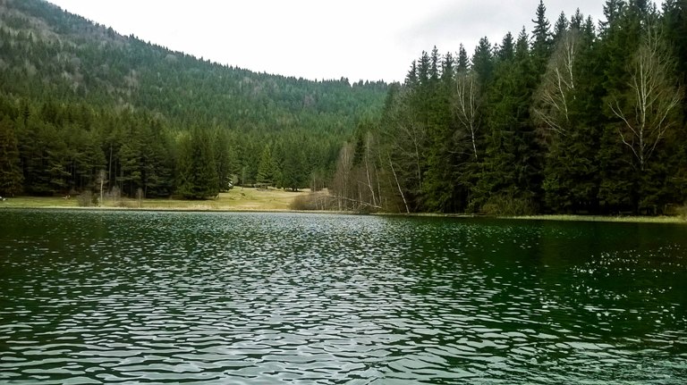 Saint Anne Lake formed in the crater of a now extinct volcano.